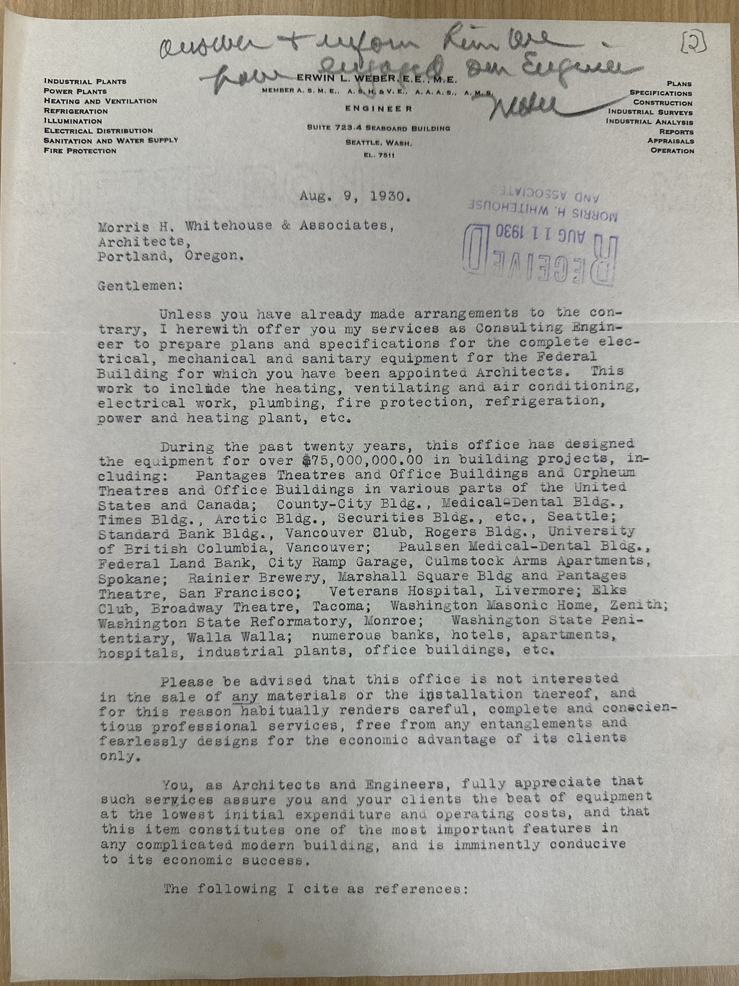 Engineer Erwin L. Weber's letter offering services for the Federal courthouse (1930)