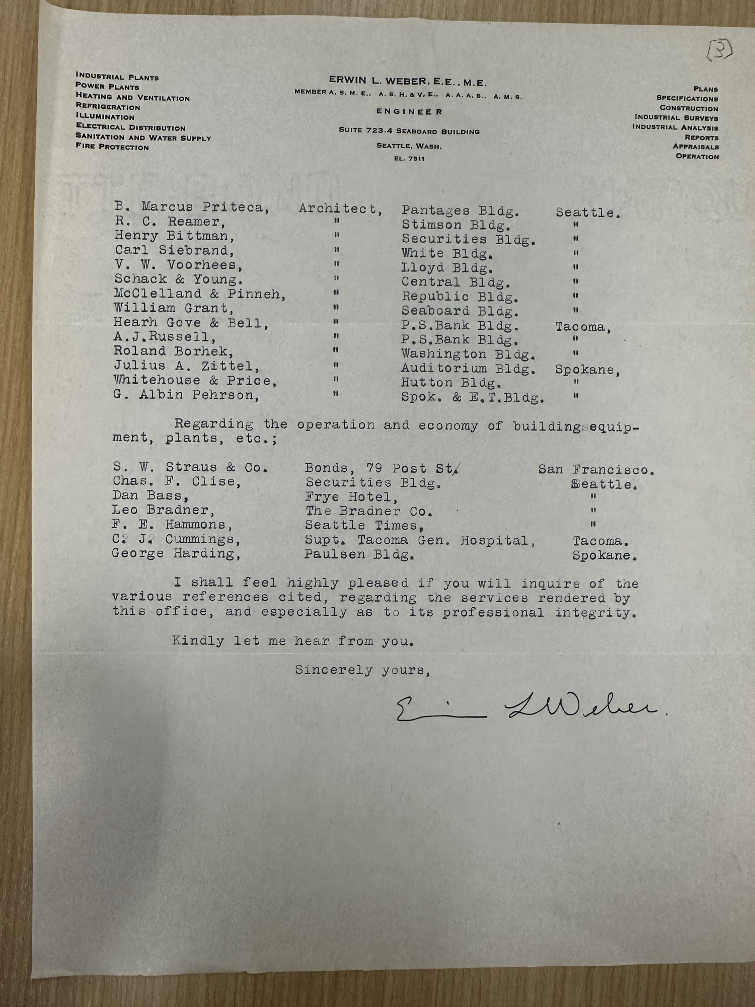 Weber letter page 2: engineering reference list of Pacific NW buildings (1930)