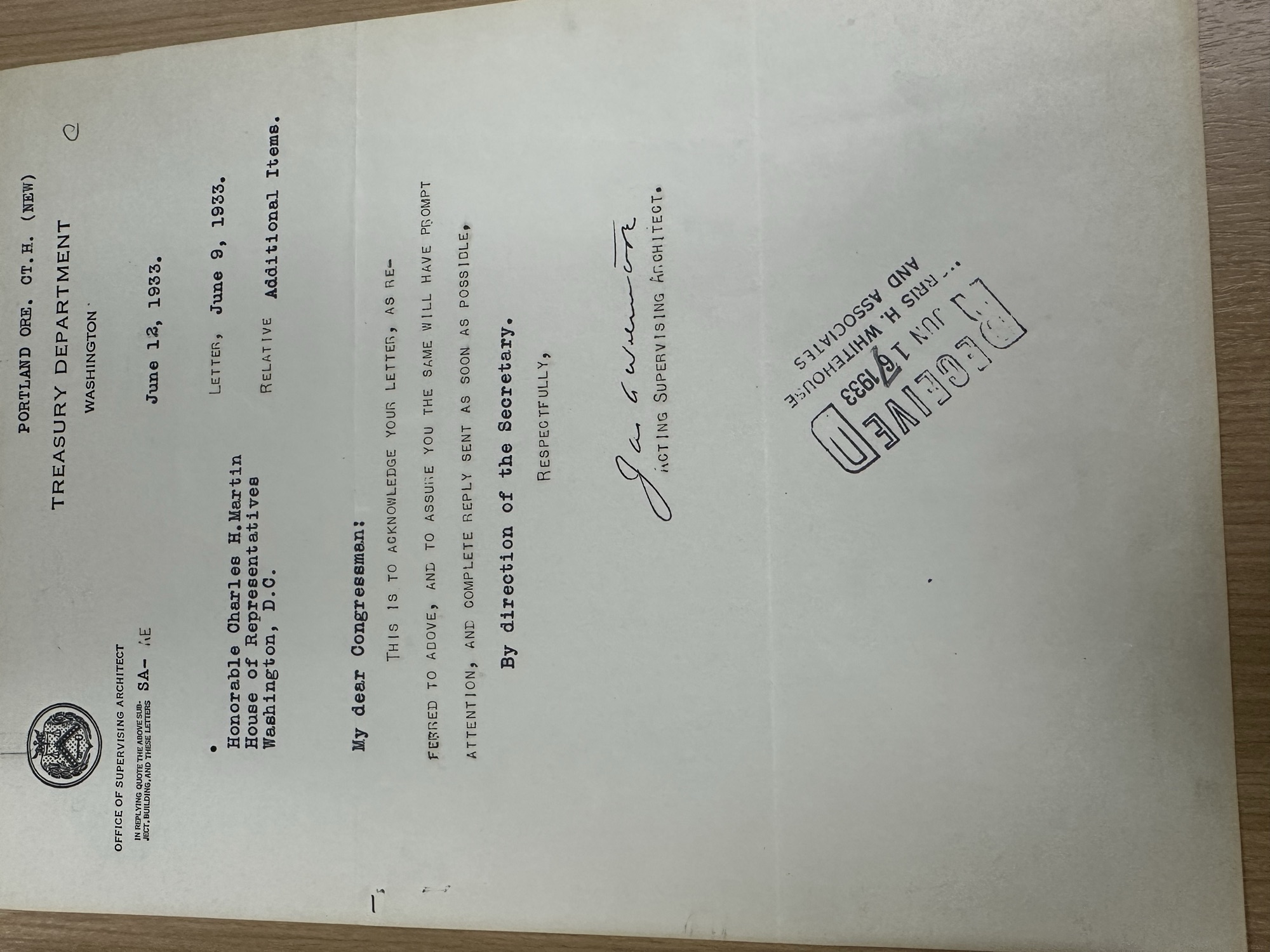 Treasury letter to Rep. Charles H. Martin re courthouse additional items (1933)