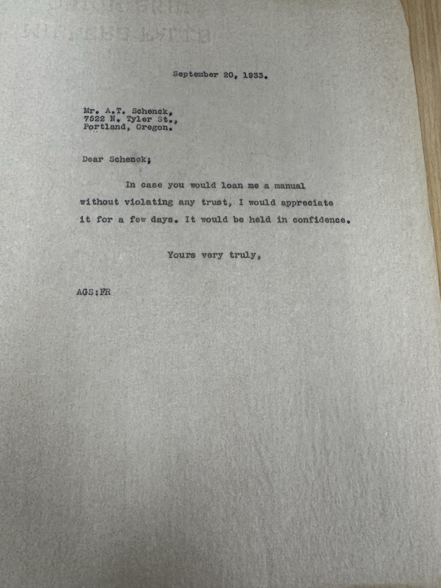 Architects' note requesting loan of the Manual of Field Force (Sept 1933)