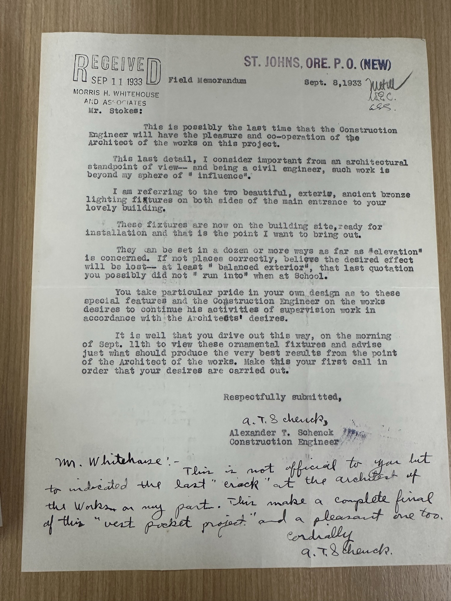 Field memo on exterior bronze lighting fixtures, St. Johns P.O. (Sept 1933)