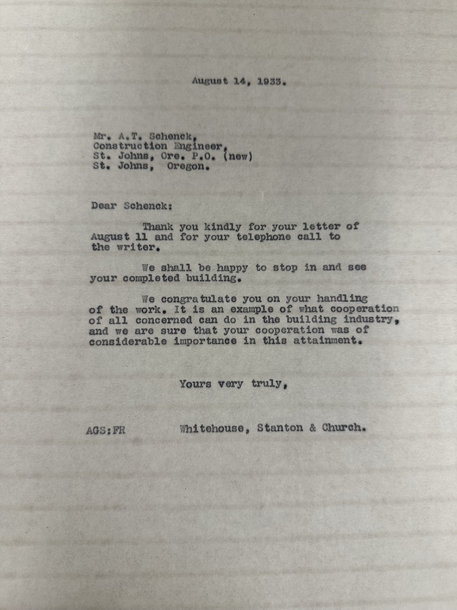 Architects congratulate engineer Schenck on St. Johns P.O. completion (Aug 1933)