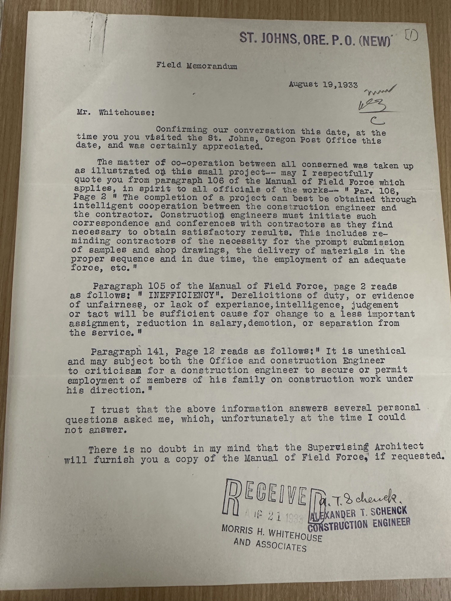 Field memo quoting Manual of Field Force on cooperation, St. Johns P.O. (1933)