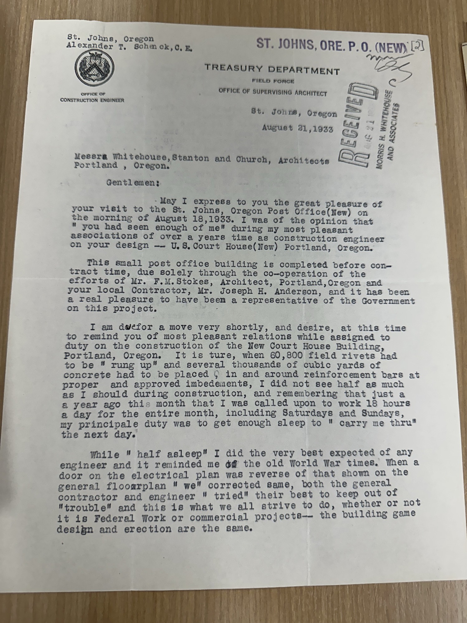Schenck letter recounting courthouse and St. Johns P.O. work, p.1 (Aug 1933)