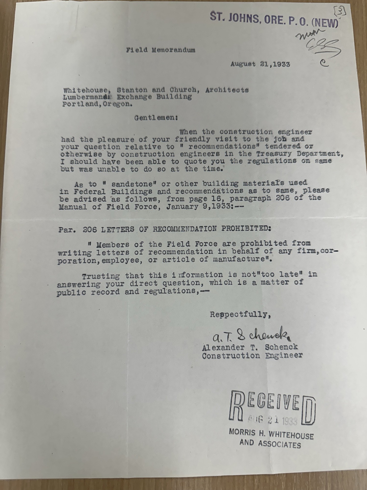 Field memo on prohibited recommendations and sandstone, St. Johns P.O. (1933)