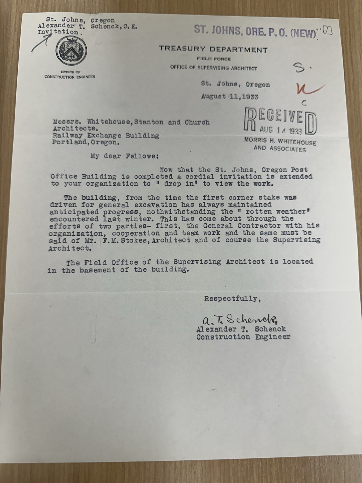 Engineer Schenck invites architects to view completed St. Johns P.O. (Aug 1933)