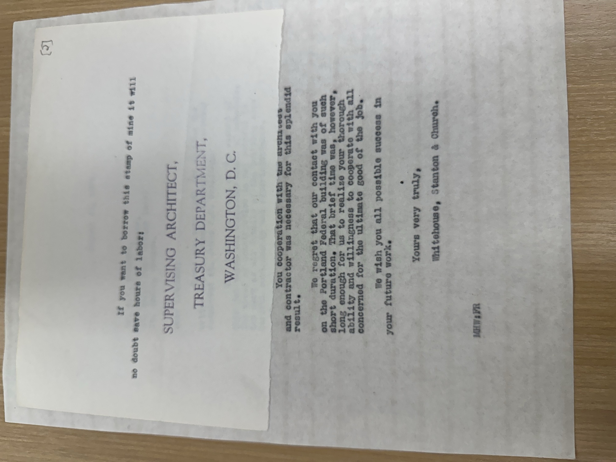 Whitehouse, Stanton & Church letter to Schenck (page 2) with 'Supervising Architect' stamp