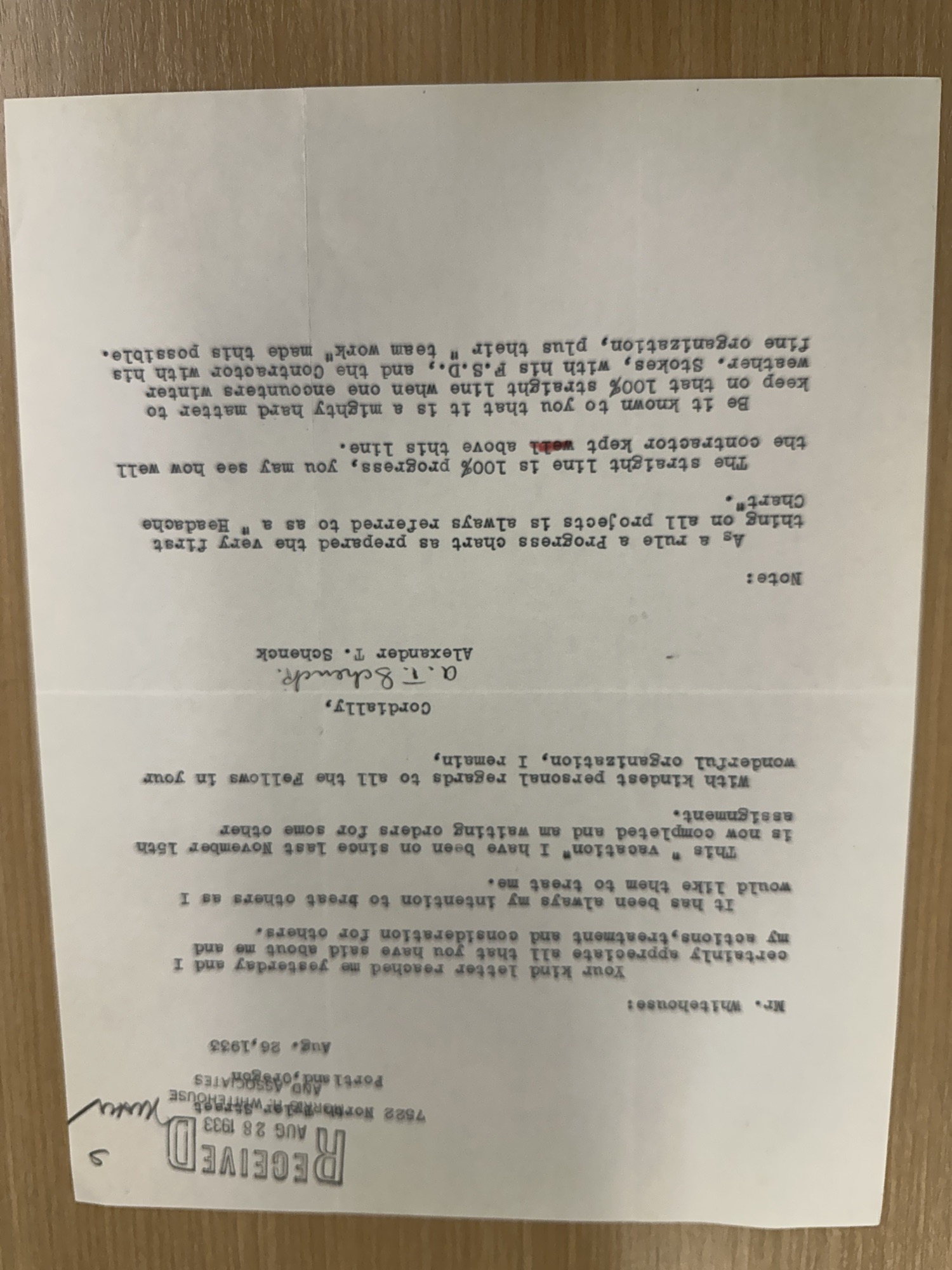 A.T. Schenck reply to Whitehouse on progress charts and teamwork