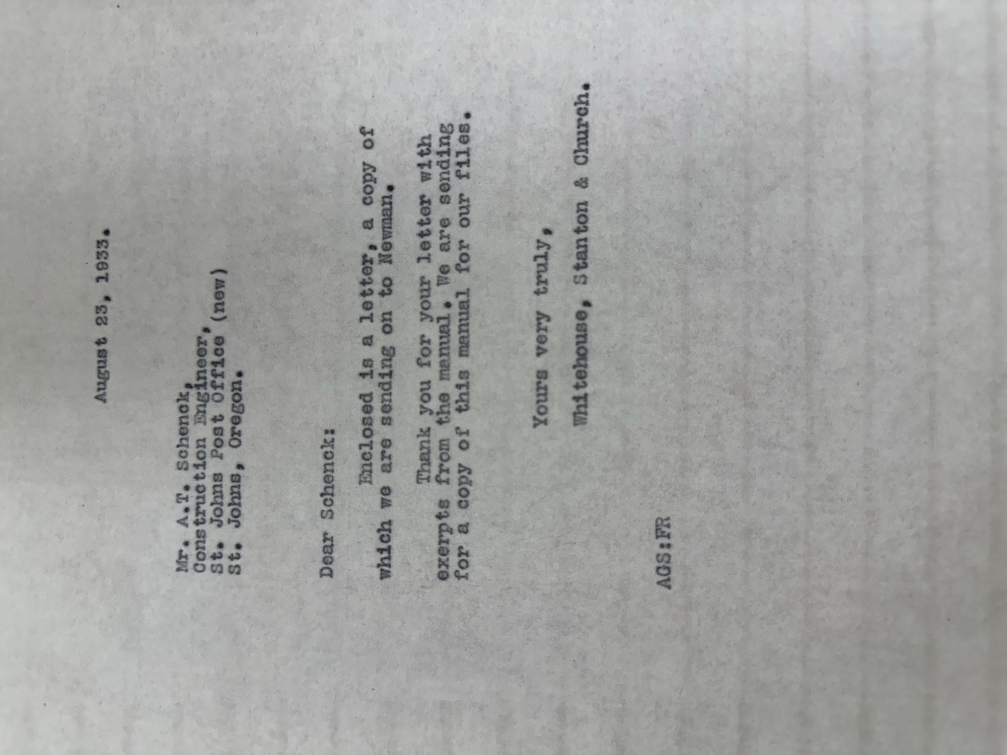 Architects to Schenck: forwarding letter to Newman, requesting manual copy