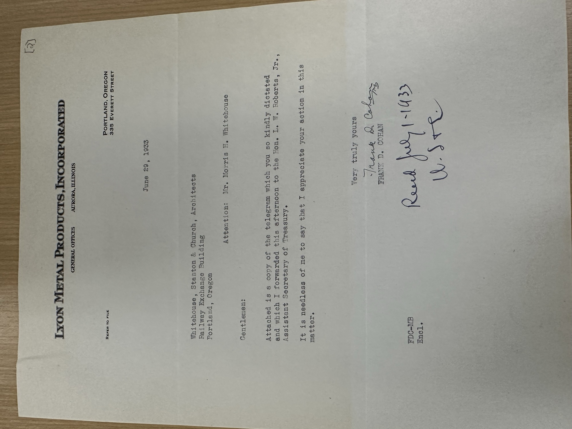 Lyon Metal Products forwards telegram to Asst. Treasury Secretary Roberts