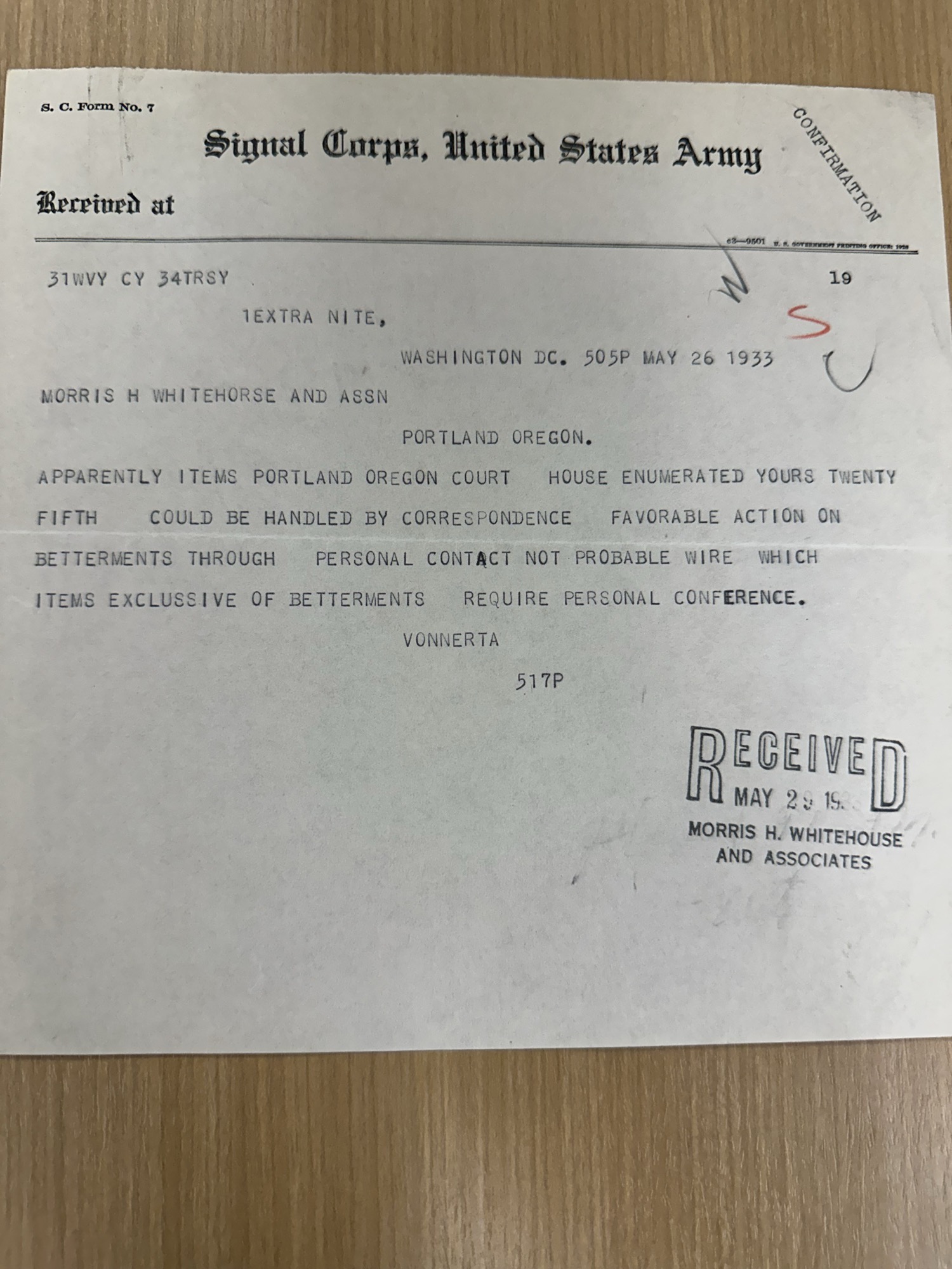 Army Signal Corps telegram: courthouse 'betterments' need personal conference