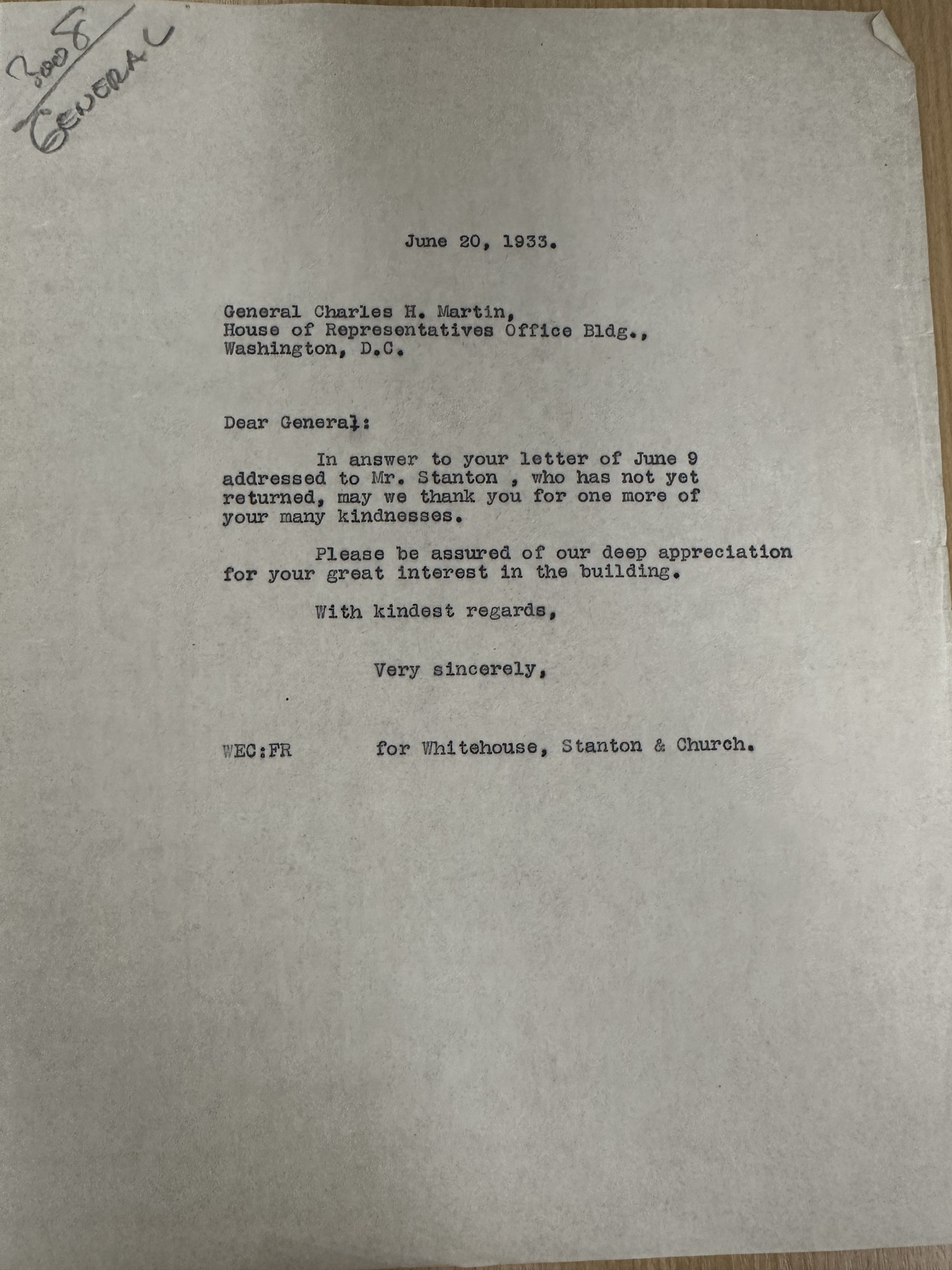 Architects thank General Charles H. Martin for interest in the building