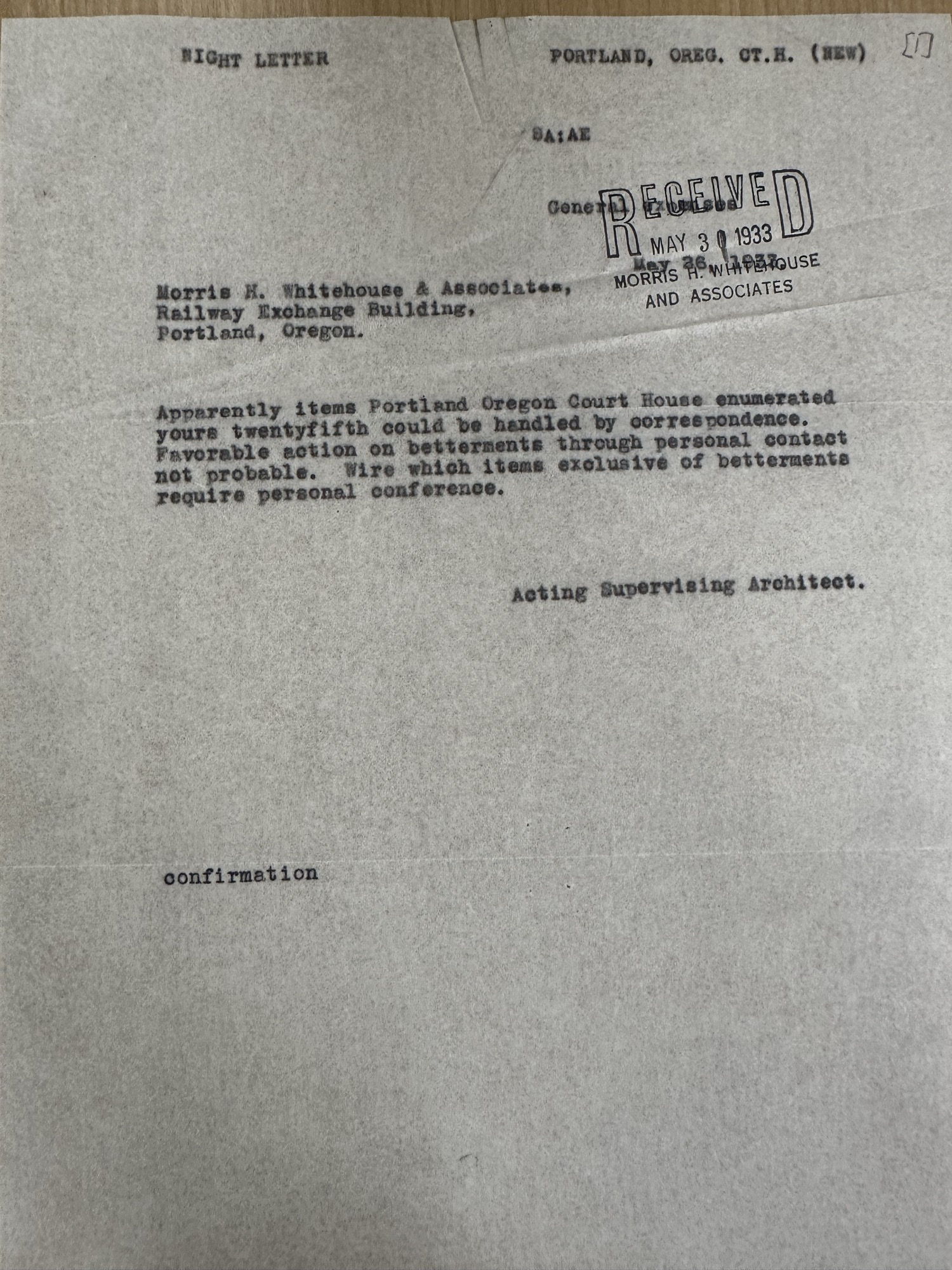 Supervising Architect night-letter copy on betterments and conference