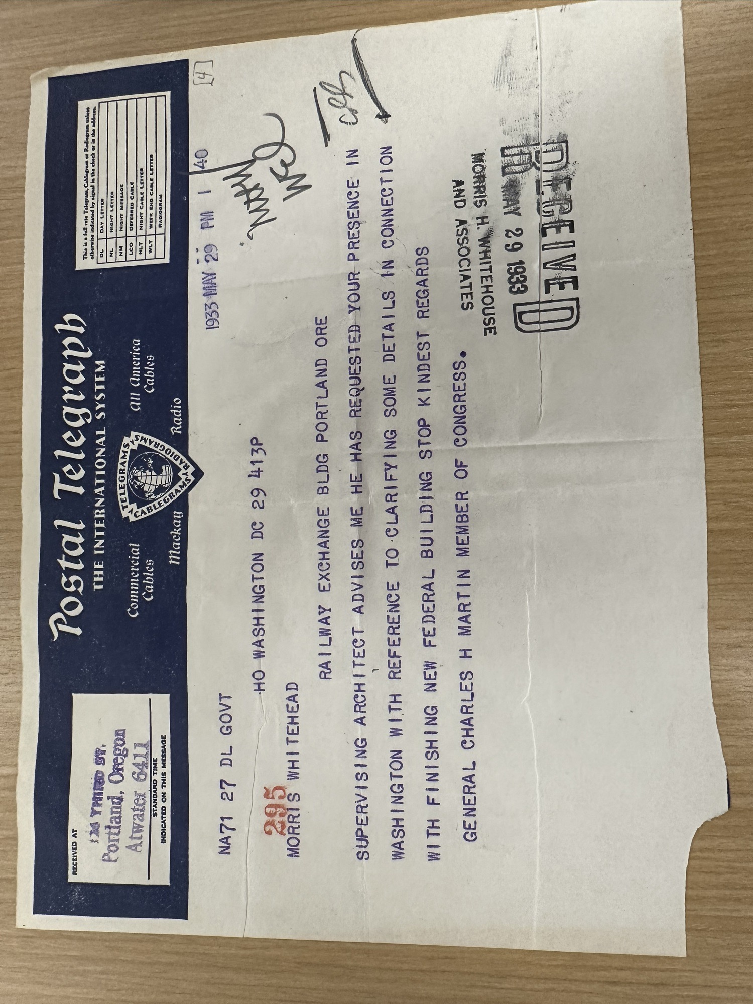 Telegram from Rep. Charles H. Martin summoning architect Whitehouse to Washington