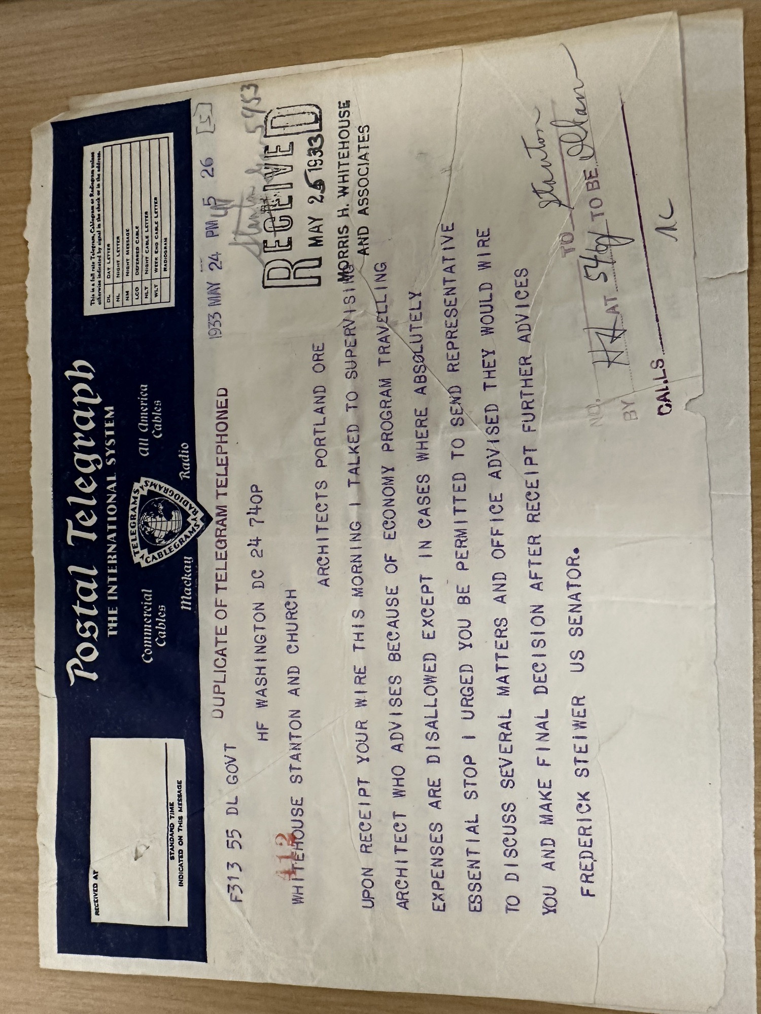 Telegram from Sen. Frederick Steiwer on travel-expense economy program