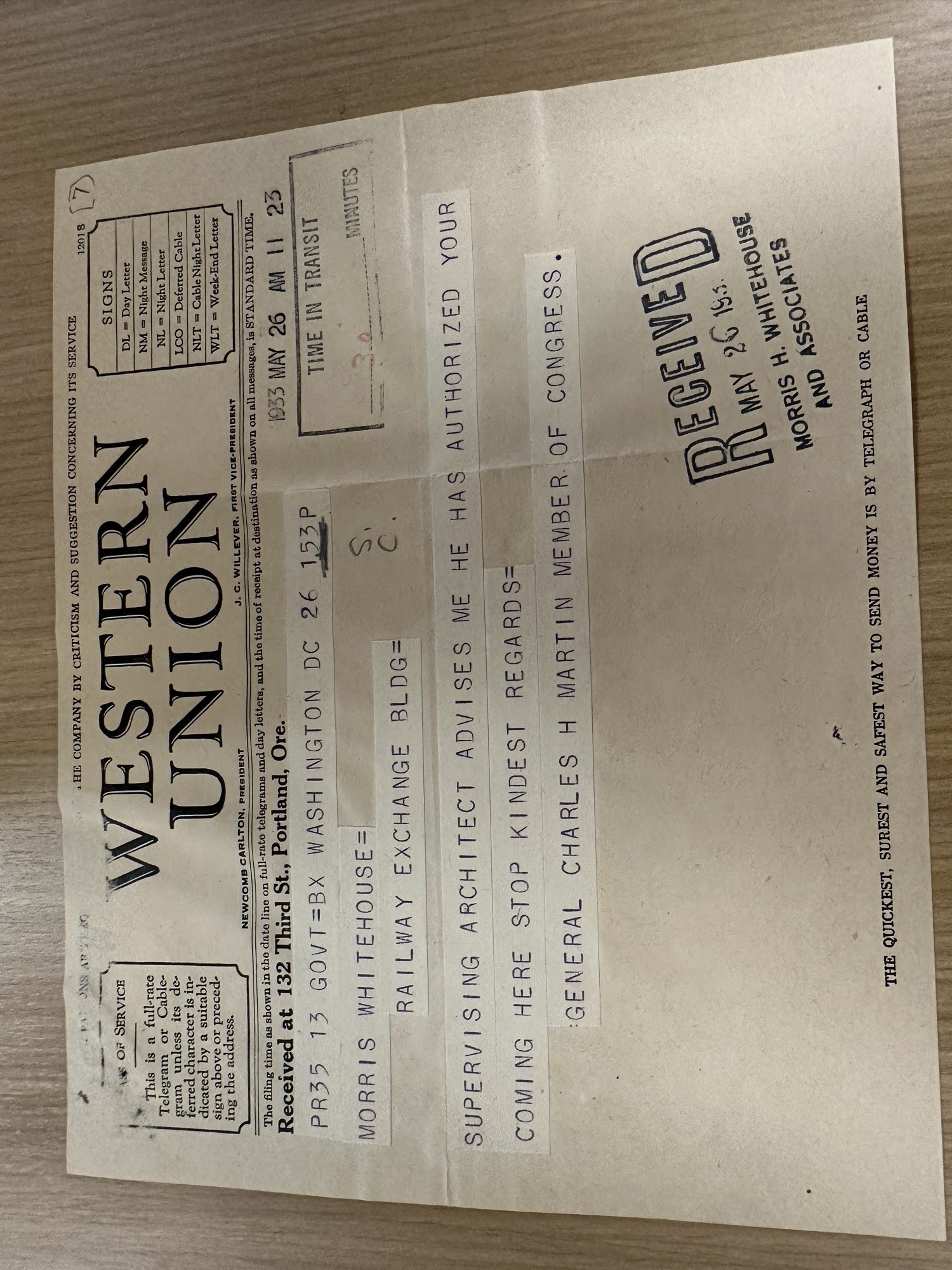 Western Union telegram: Rep. Martin says architect's Washington trip authorized