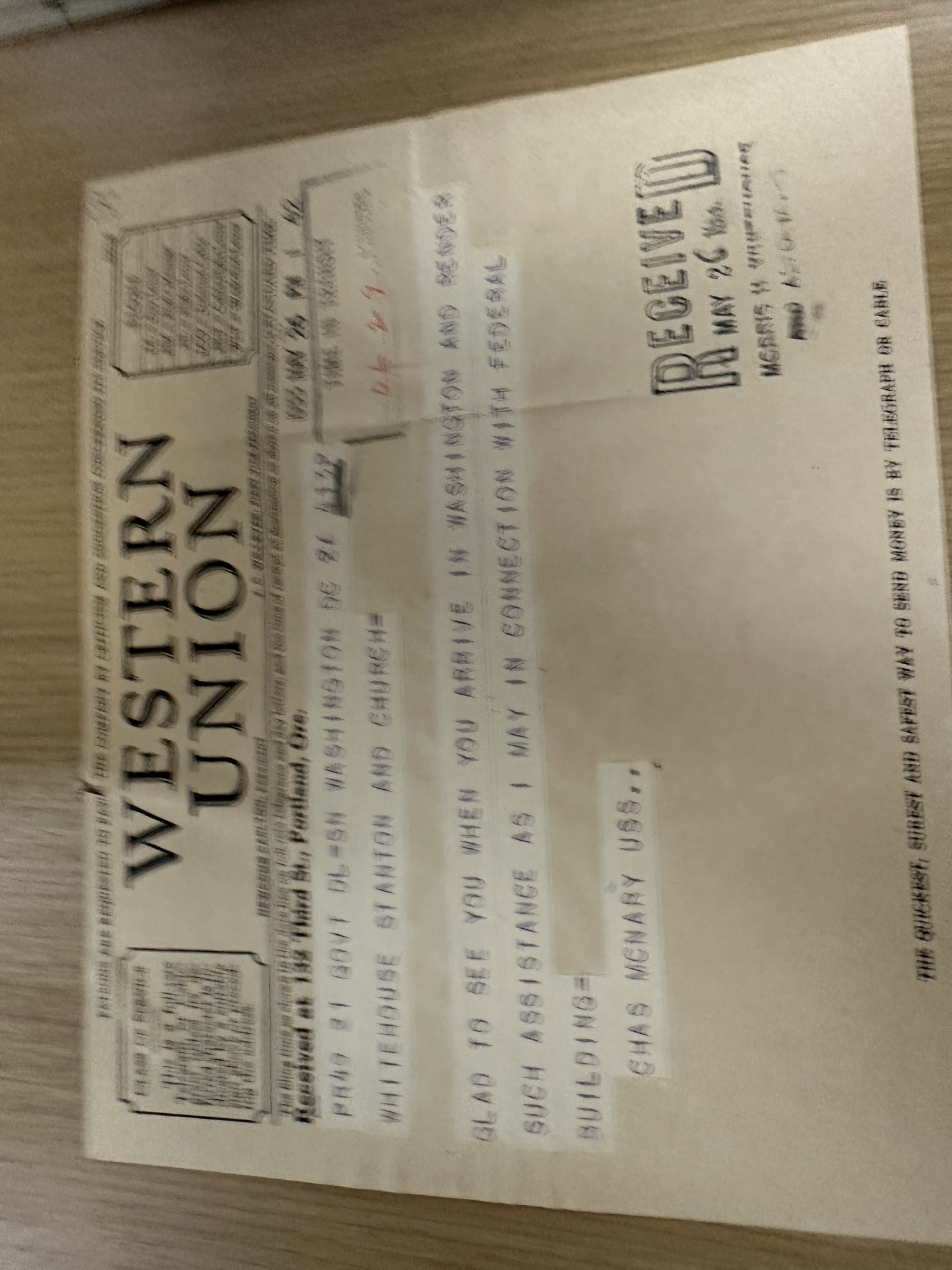 Western Union telegram from Sen. Charles McNary offering assistance
