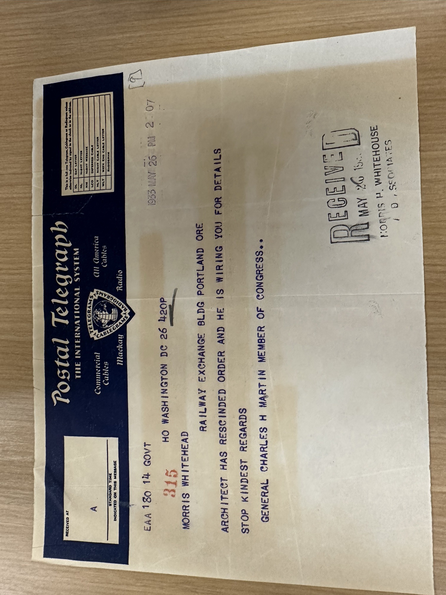 Telegram from Rep. Martin: supervising architect rescinded order
