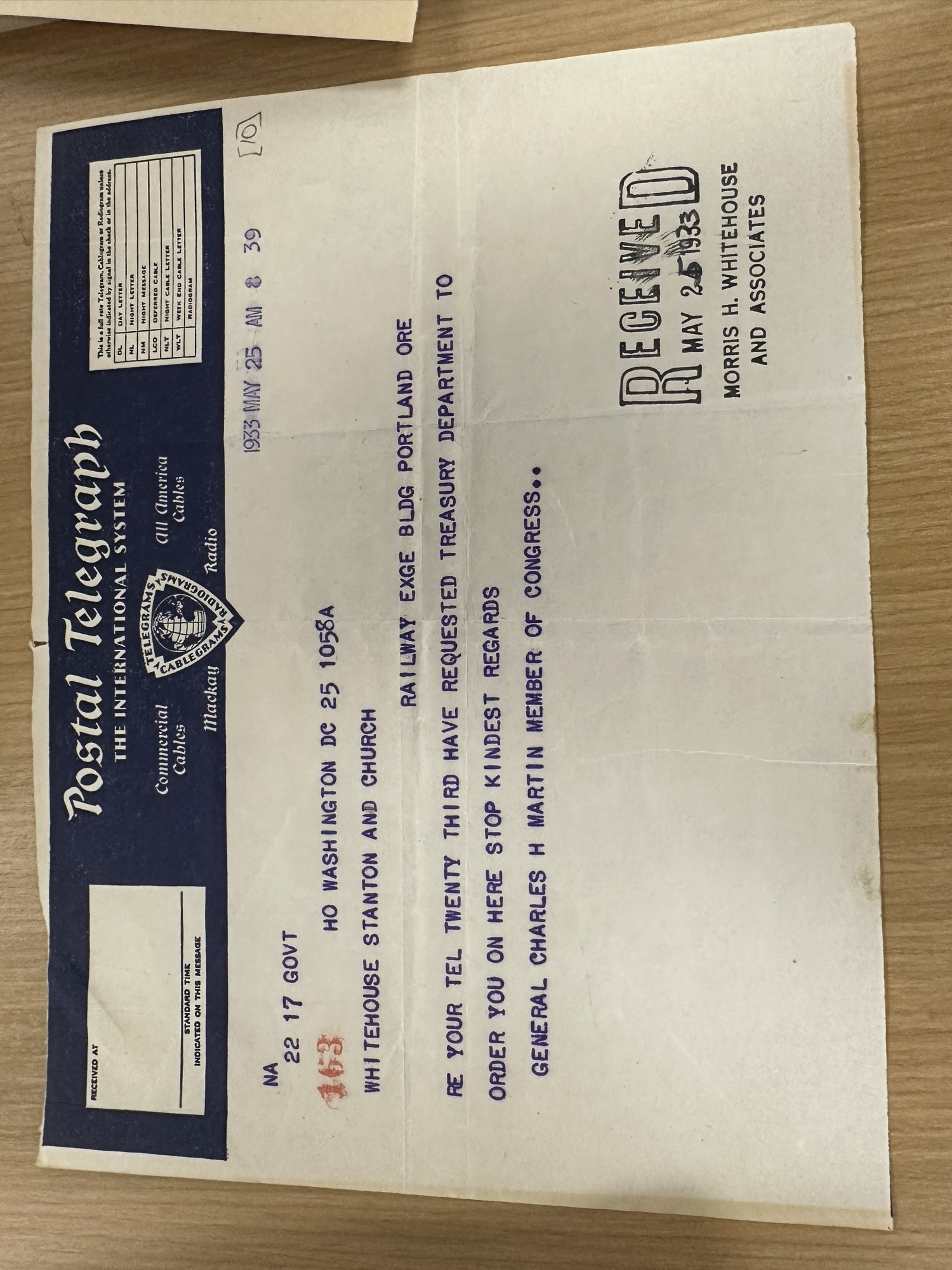 Telegram from Rep. Martin: Treasury requested to order architect to Washington