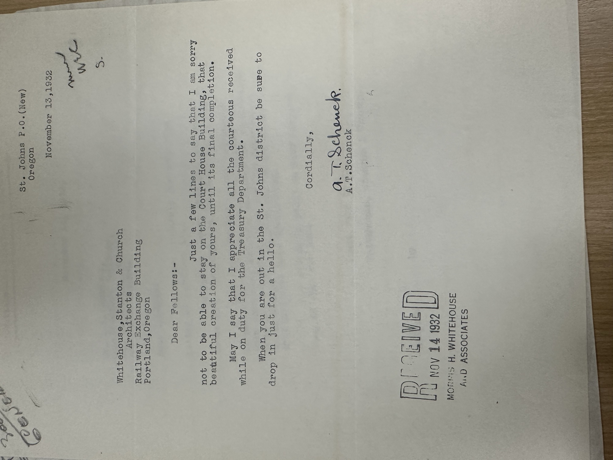 Farewell letter from construction engineer A.T. Schenck praising the courthouse