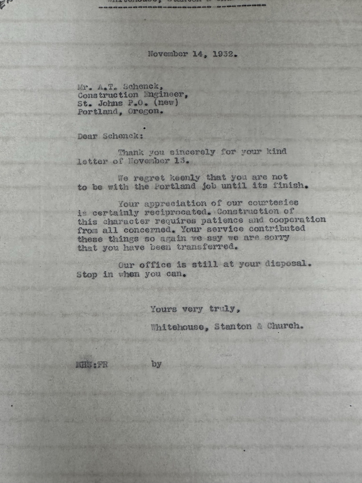 Architects' reply to A.T. Schenck on his transfer off the Portland job