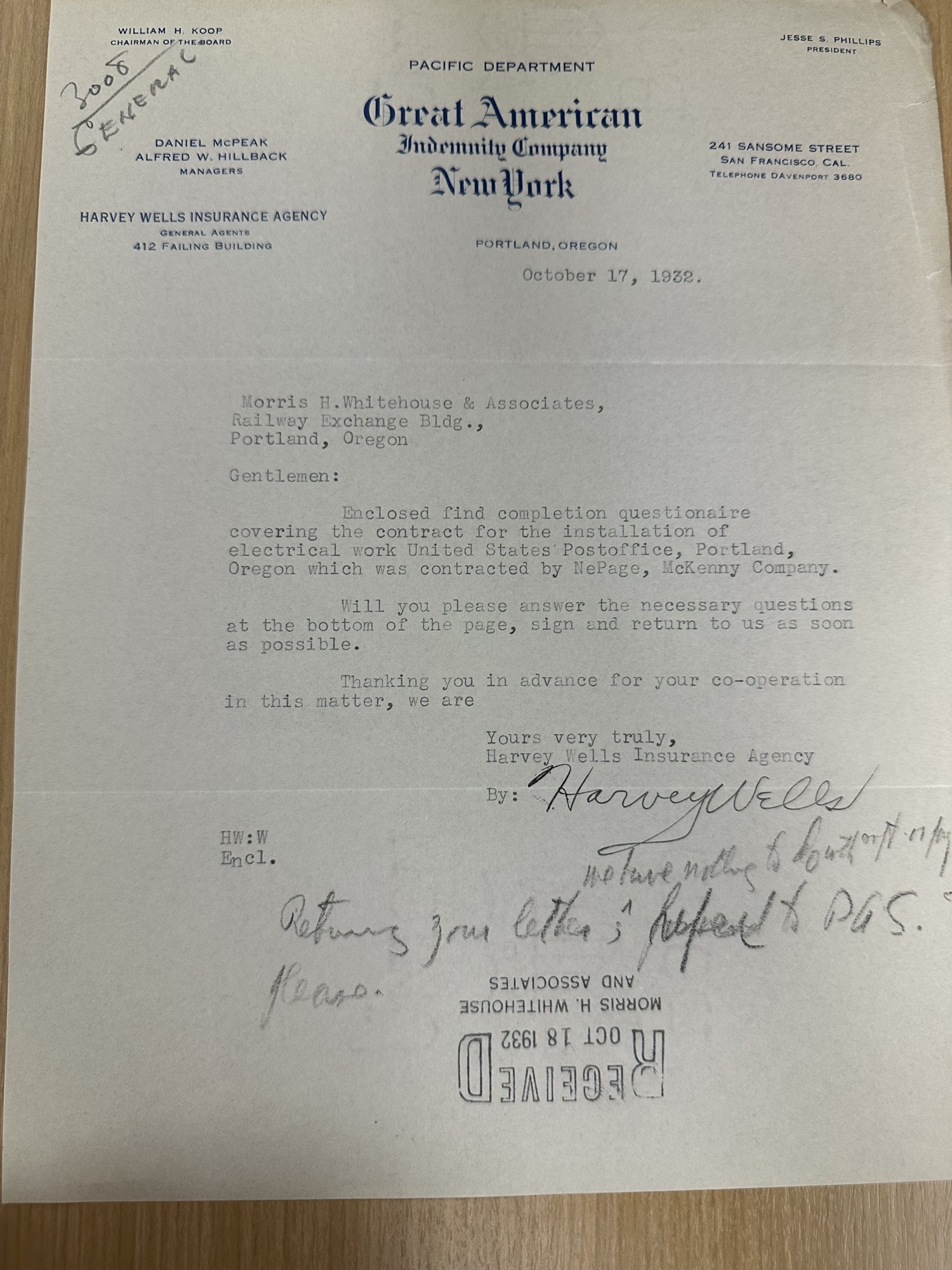 Harvey Wells Insurance letter enclosing electrical-work completion questionnaire