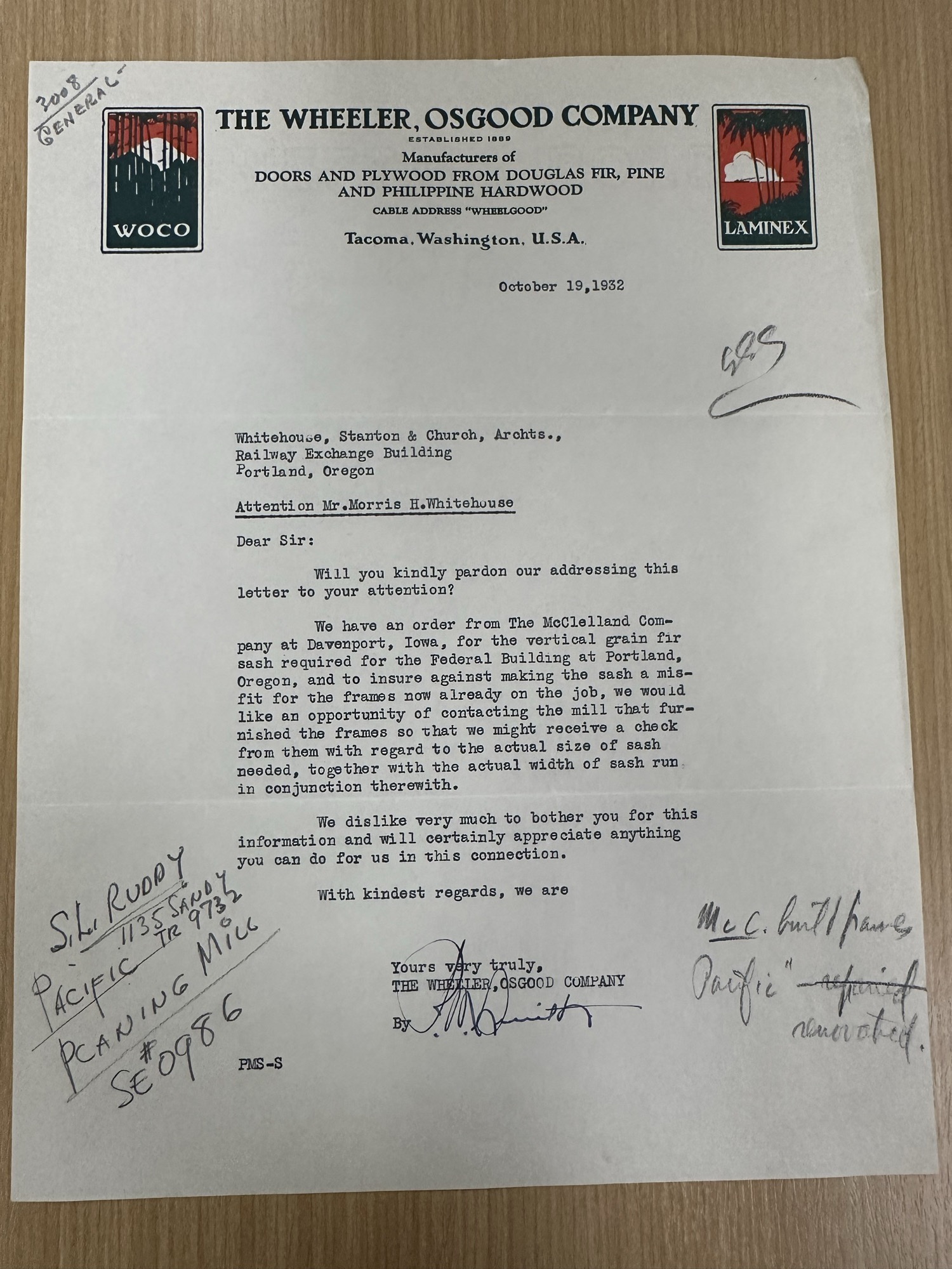 Wheeler, Osgood Co. letter on fir sash for the Portland Federal Building