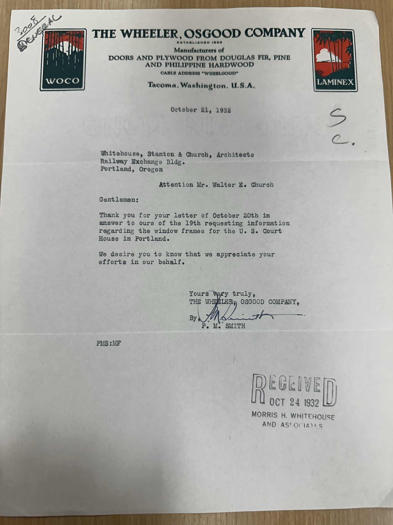 Wheeler, Osgood Co. thank-you letter on U.S. Court House window frames