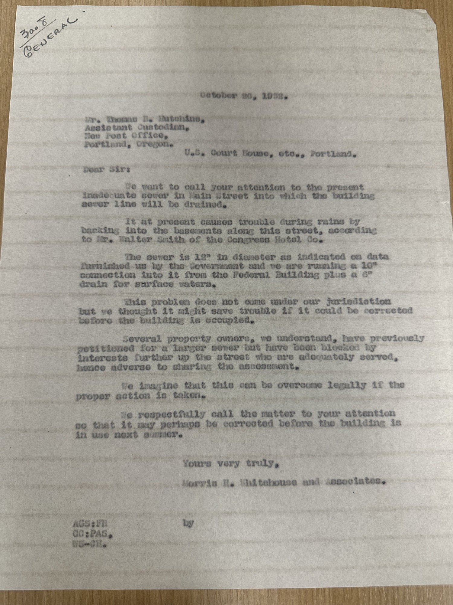 Architects to Asst. Custodian Hutchins on inadequate Main Street sewer