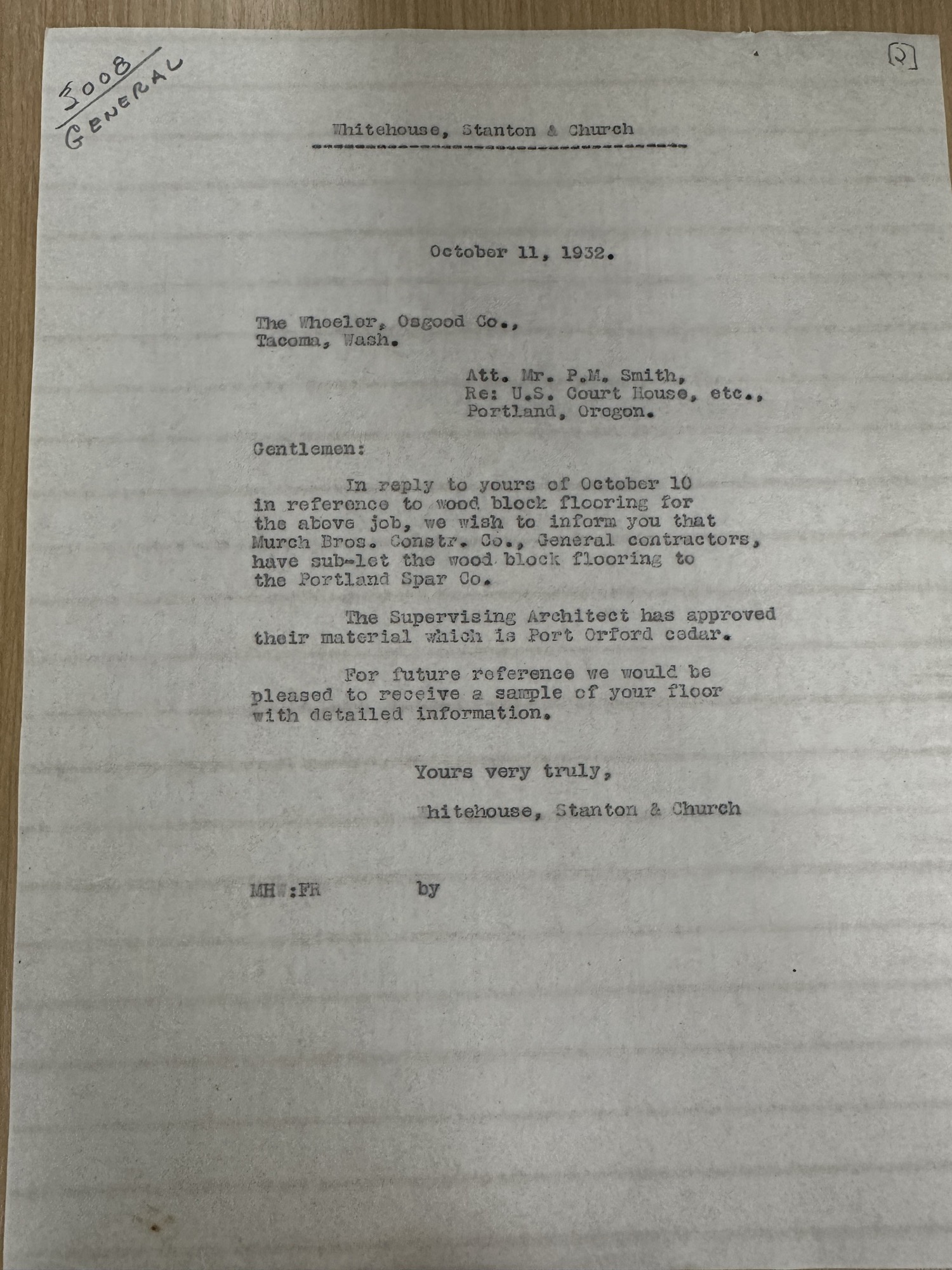 Letter re: Port Orford cedar wood block flooring for U.S. Court House, 1932