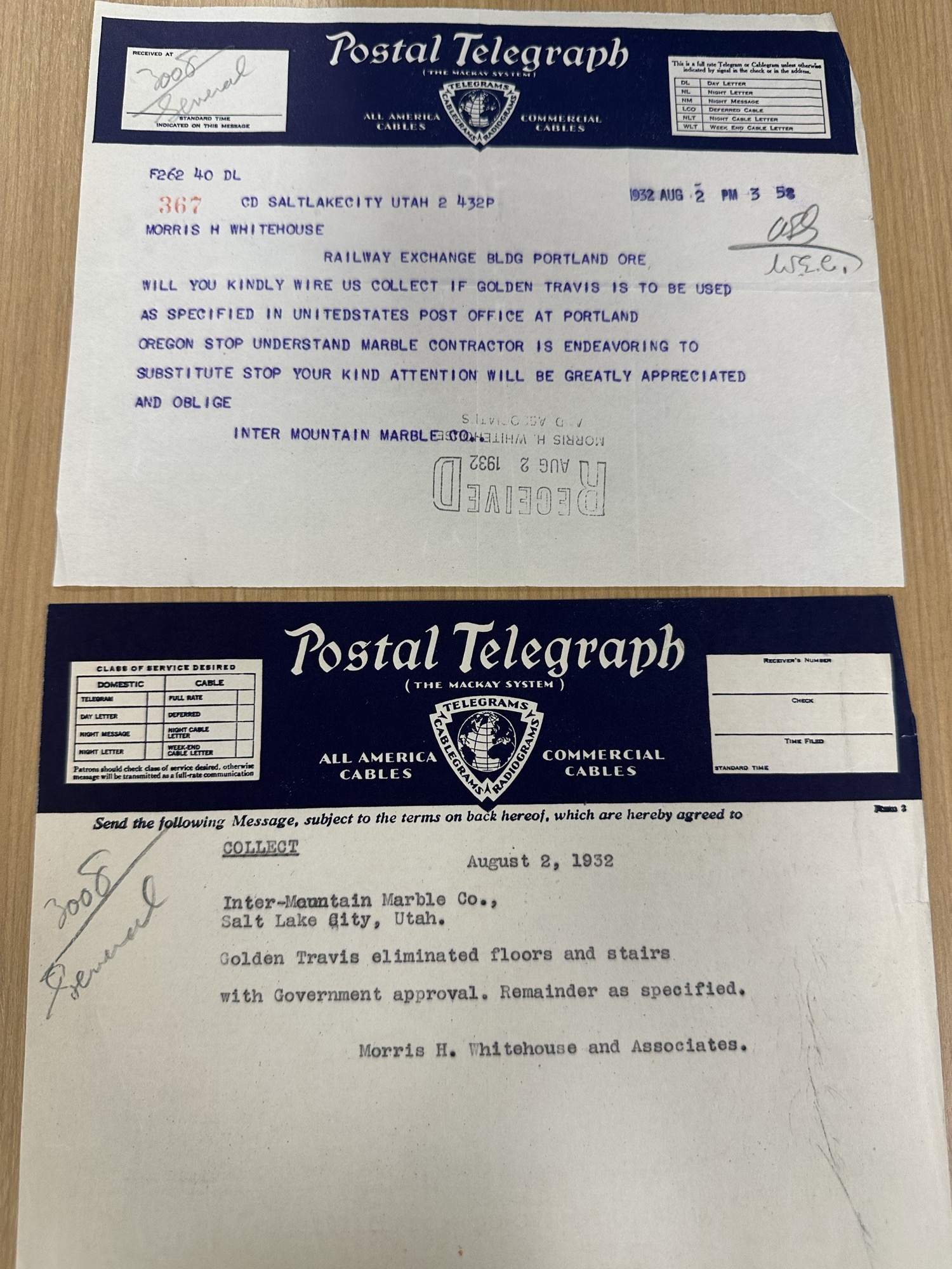 Postal Telegraph messages re: Golden Travertine marble for the courthouse, Aug 1932