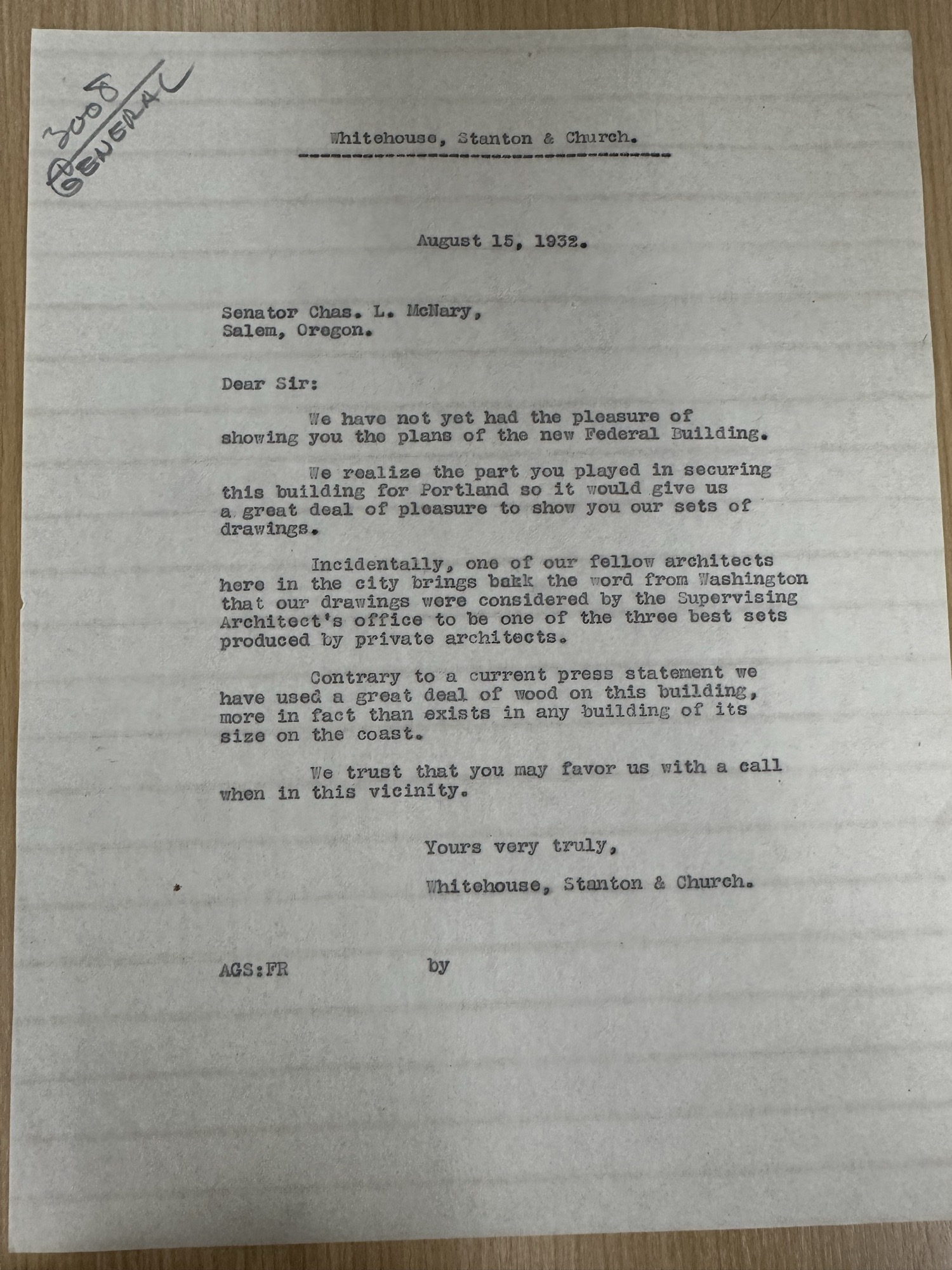 Letter to Senator McNary offering plans of the new Federal Building, Aug 1932