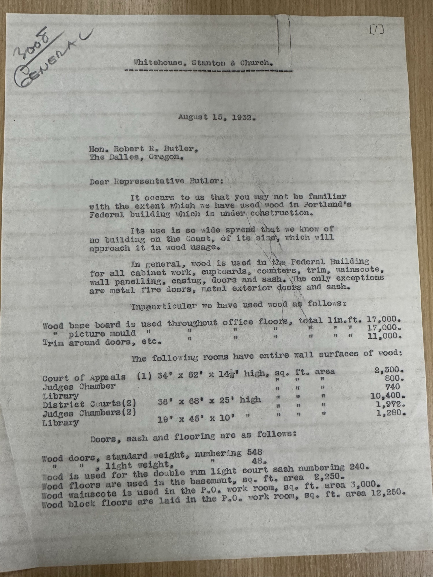 Letter to Rep. Butler detailing extensive wood use in the Federal Building, Aug 1932 (p.1)