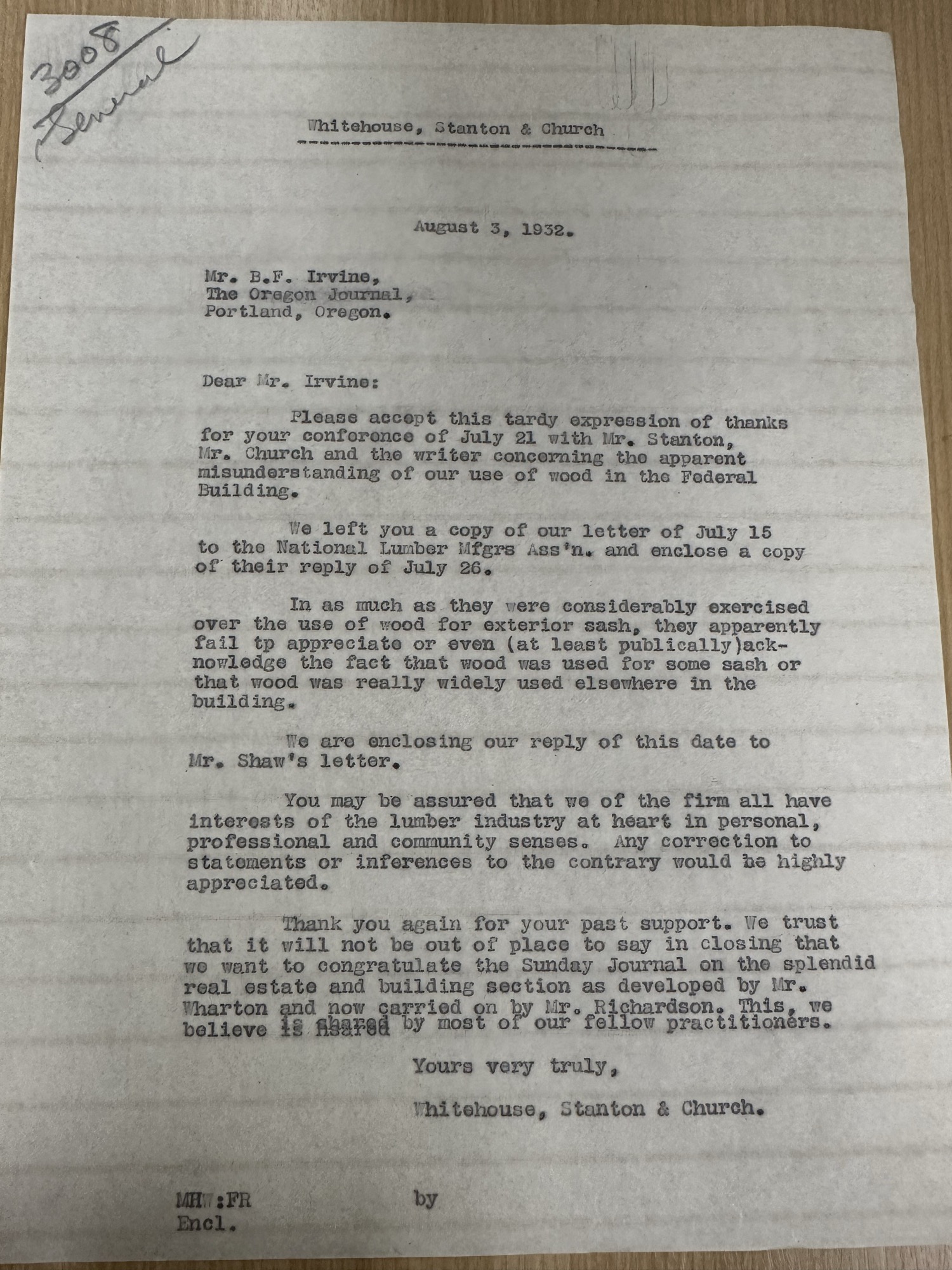 Letter to B.F. Irvine of the Oregon Journal re: wood-use misunderstanding, Aug 1932
