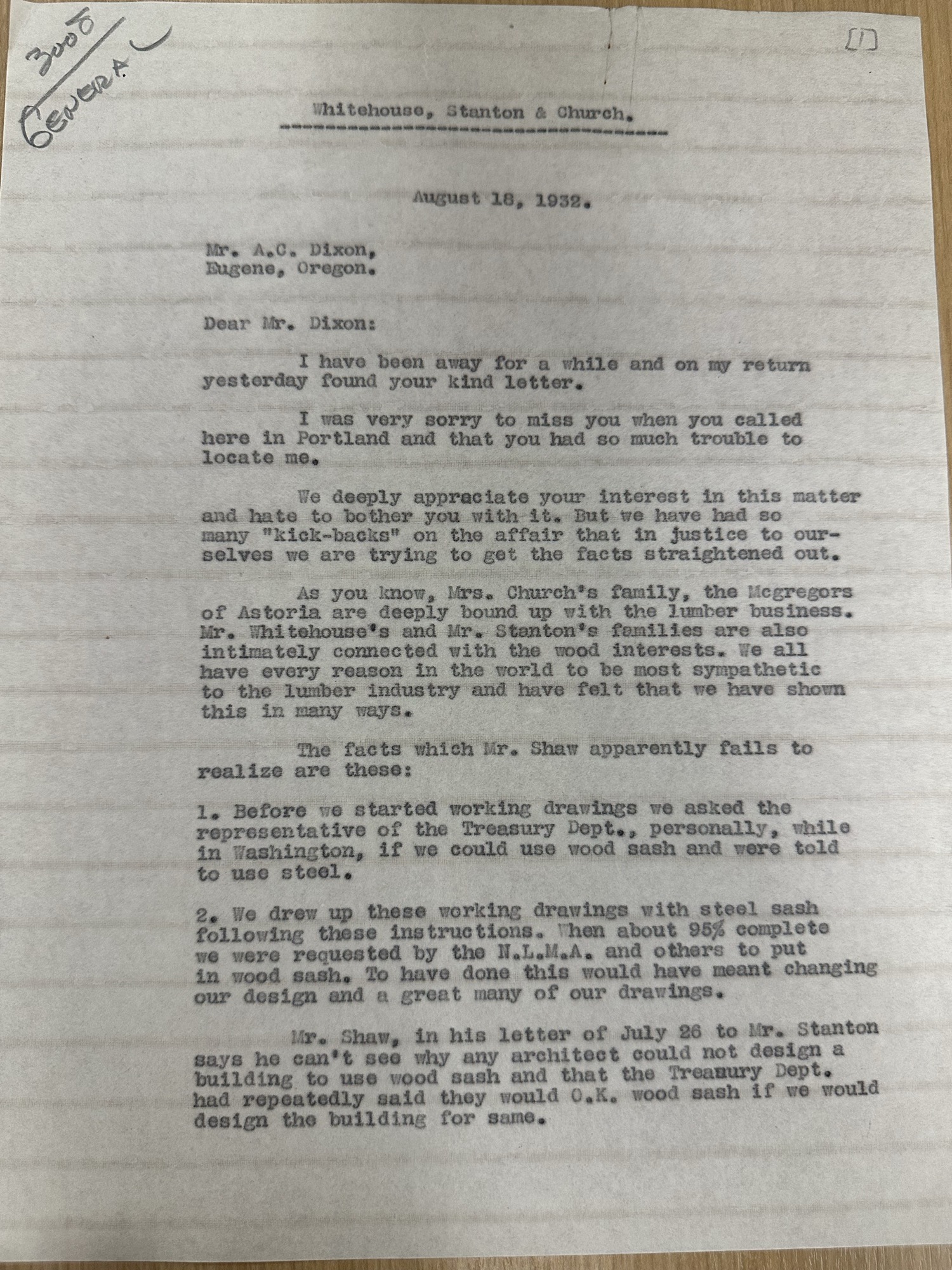 Letter to A.C. Dixon defending wood use and refuting Mr. Shaw, 18 Aug 1932 (p.1)