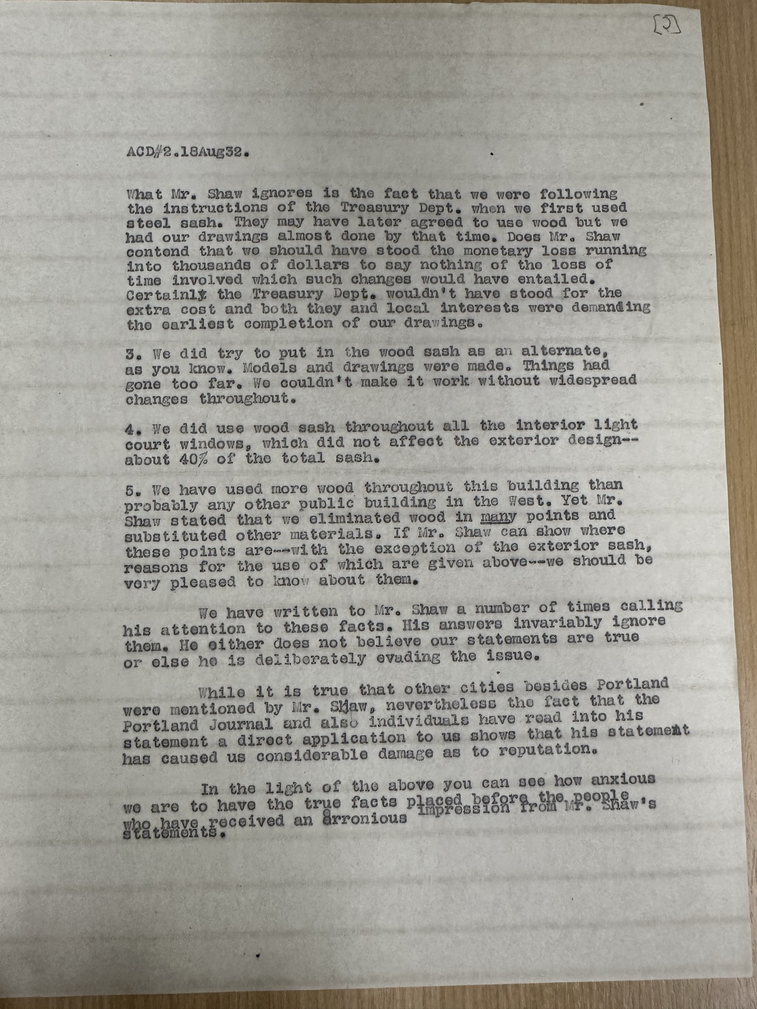 Letter to A.C. Dixon, page 2 — wood vs. steel sash rebuttal, 18 Aug 1932