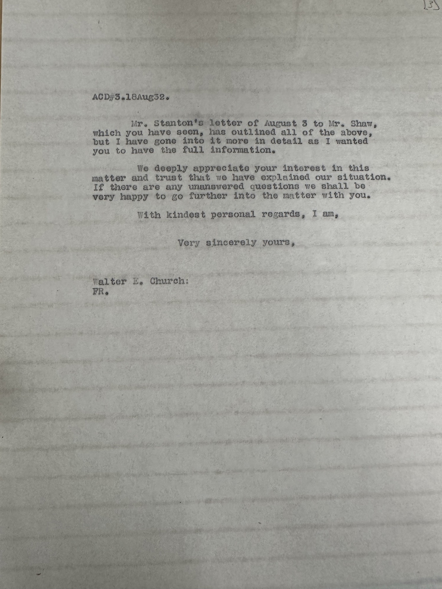 Letter to A.C. Dixon, page 3 (closing), signed Walter E. Church, 18 Aug 1932