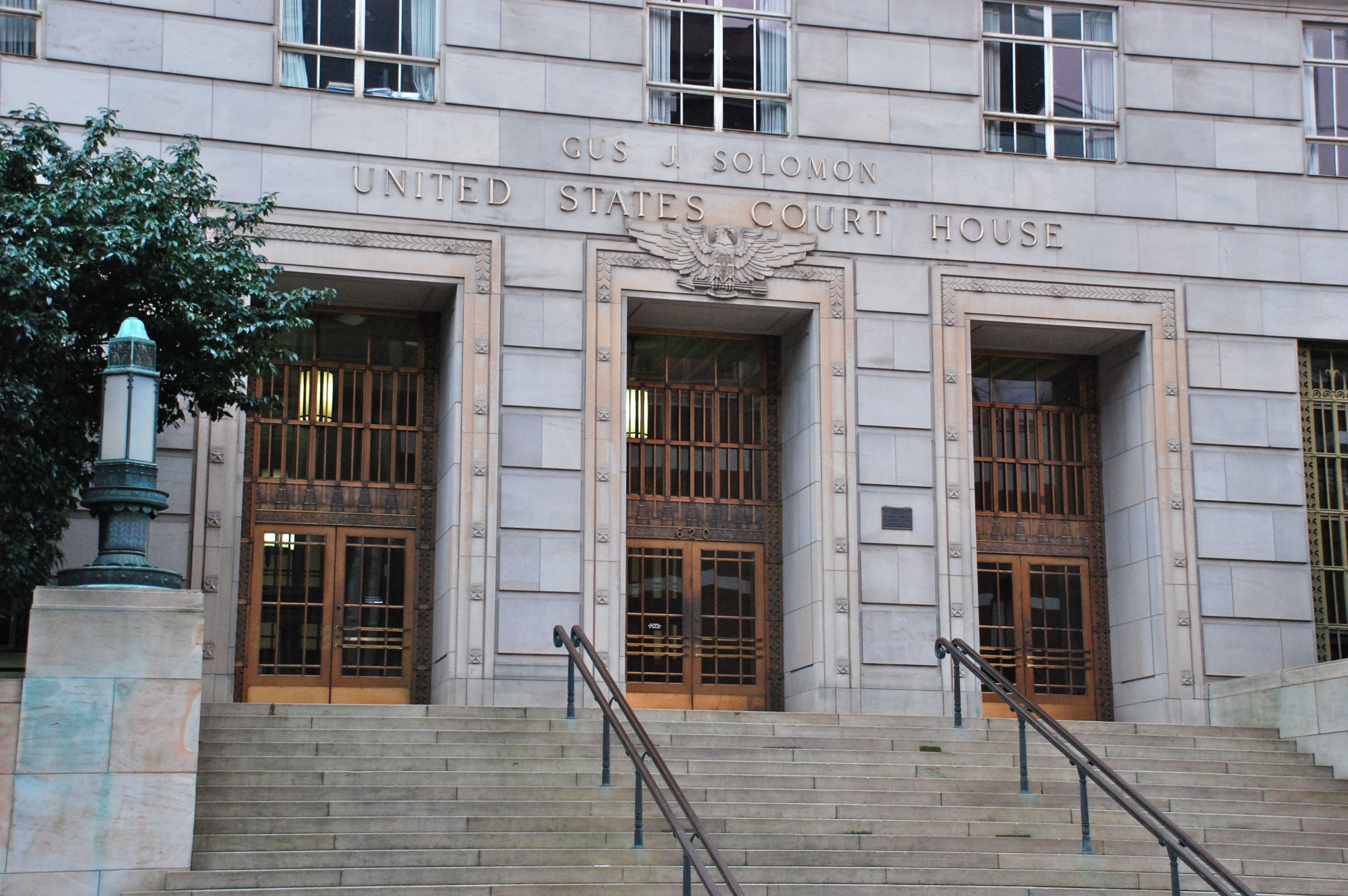 Main entrance on SW Main Street, with Art Deco eagle relief