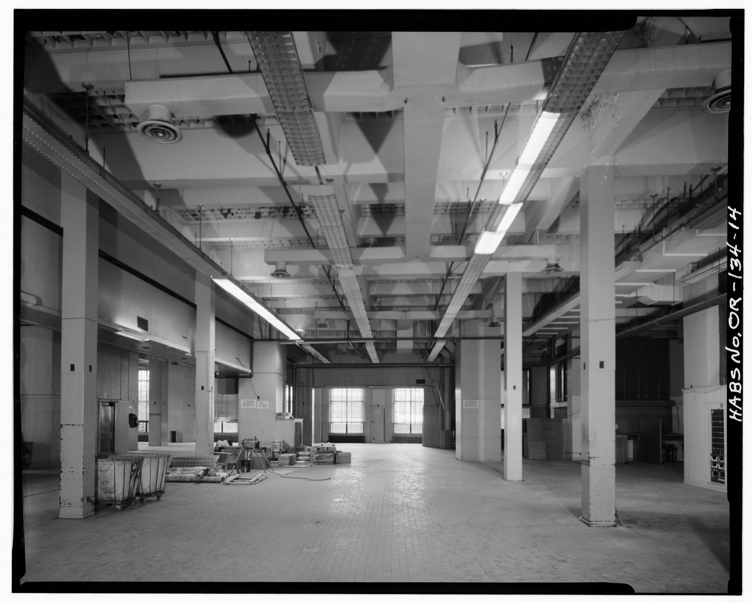 Postal service workroom, first floor, looking west — HABS documentation photograph