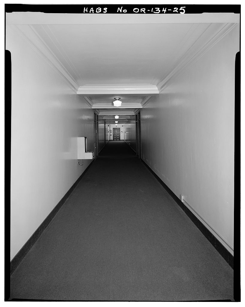 Corridor with original ceiling and incandescent lights — HABS documentation photograph